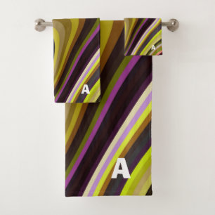 Modern Retro Wave Monogram Green Purple Brown Bath Towel Set