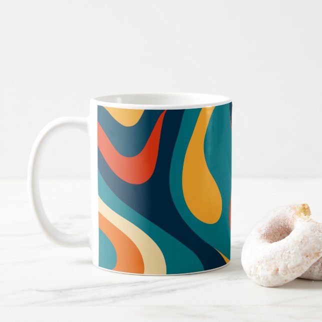Modern Retro Wavy Abstract Pattern  Coffee Mug (With Donut)