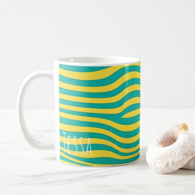 Modern Retro Wavy Lines Pattern in Teal and Yellow Coffee Mug (With Donut)
