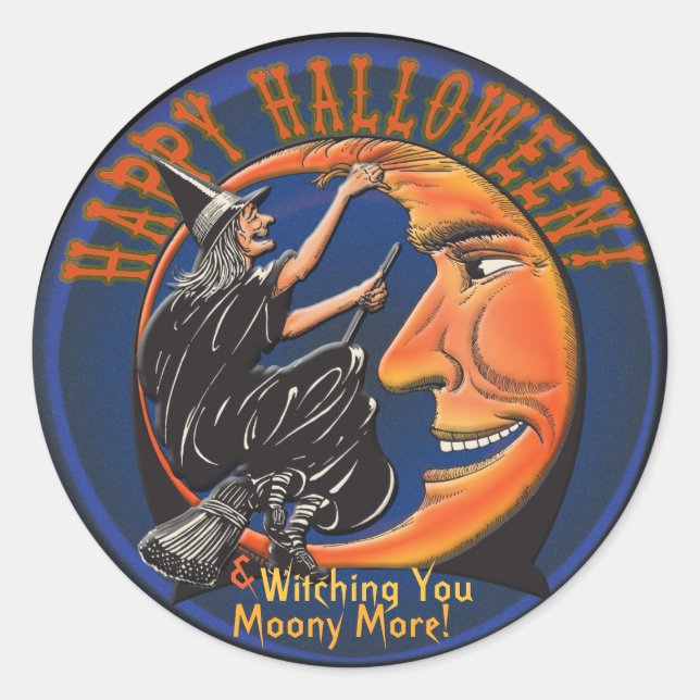 Modern Retro Witch and Moon - Personalised Puns Classic Round Sticker (Front)