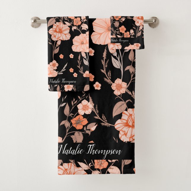 Modern retro with stylish script l Black floral Bath Towel Set (Insitu)