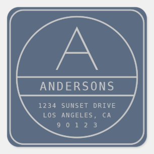 Modern Return Address & Monogram Blue Grey Square Sticker