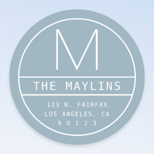 Modern Return Address & Monogram   Dusty Blue Classic Round Sticker