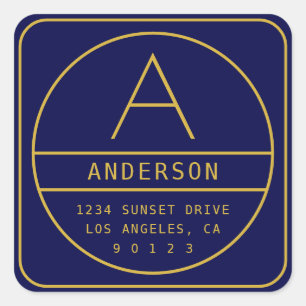 Modern Return Address & Monogram   Gold & Navy Square Sticker