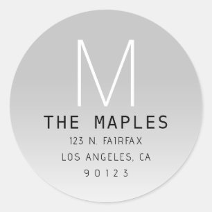Modern Return Address & Monogram   Grey Ombre Classic Round Sticker