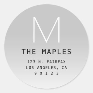 Modern Return Address & Monogram   Grey Ombre Classic Round Sticker