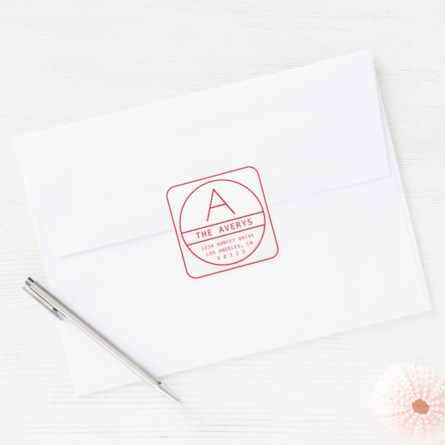 Modern Return Address & Monogram | Red Square Sticker (Envelope)