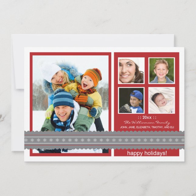 Modern Ribbon Custom Family Holiday Card (red) (Front)