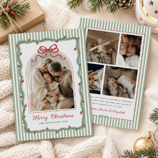 Modern Ribbon Greenery Christmas Photo Holiday Card