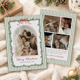 Modern Ribbon Greenery Christmas Photo Holiday Card