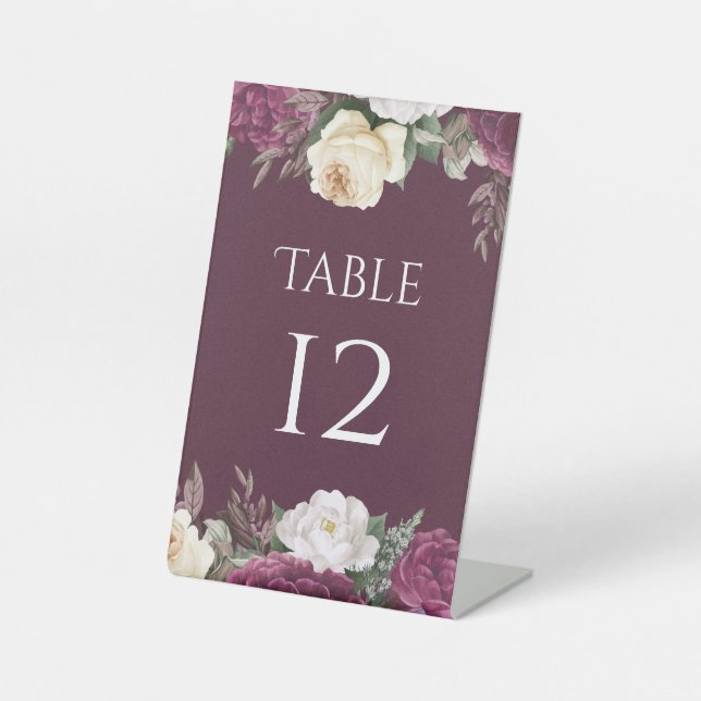 Modern Rich Burgundy Peonies Table Number Pedestal Sign (Front)