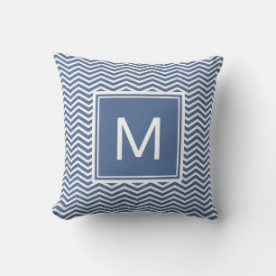 Modern Riverside Blue Chevrons and Monogram Cushion