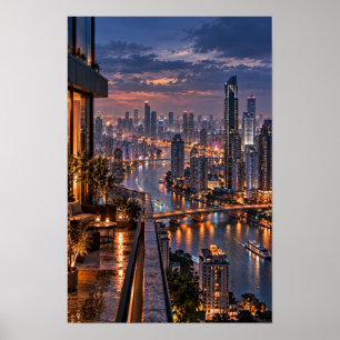 Modern Riverside City Skyline Night Wall Art
