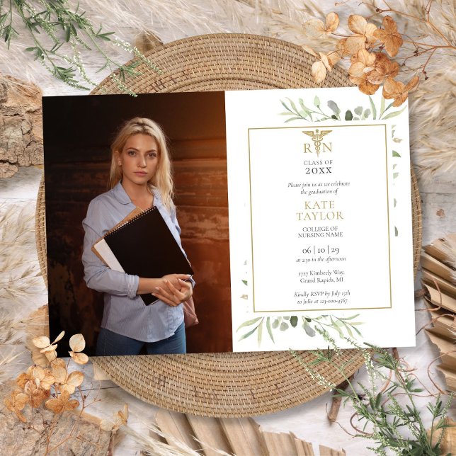 Modern  RN Nursing Graduation Greenery Photo Invitation (Modern RN Nursing Graduation Greenery Photo Invitation)