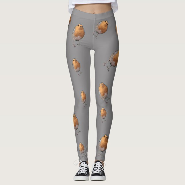 Modern Robin birds redbreast grey Leggings (Front)