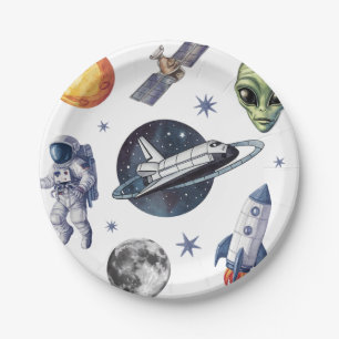 Modern Rocket Ship Space Planet Birthday or Shower Paper Plate