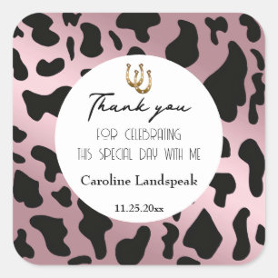 Modern Rodeo Birthday Rose Gold Cowhide Thank You Square Sticker