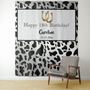Modern Rodeo Birthday Silver Cow Print Backdrop Tapestry