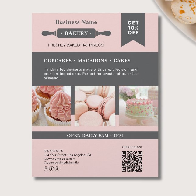 Modern Rolling Pin Pink Grey Bakery Business Flyer (Modern Rolling Pin Pink Gray Bakery Business Flyer)