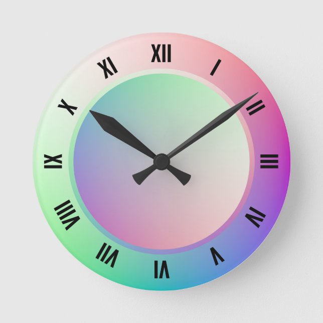 Modern Roman Numerals on Fun Pastel Rainbow Wheel Round Clock (Front)
