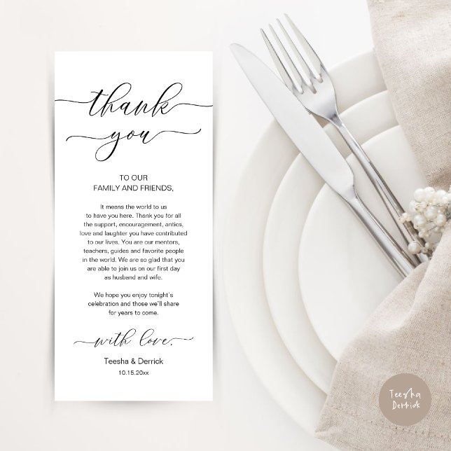 Modern Romance Dinner Place Setting Thank You Card (Wedding Dinner Place Setting Thank You Card, Modern Minimalist, in Black and White)