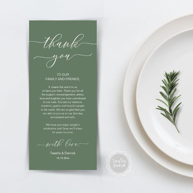 Modern Romance Dinner Place Setting Thank You Card (Wedding Dinner Place Setting Thank You Card, Modern Minimalist, in Forest Sage Green)