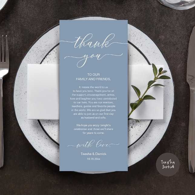 Modern Romance Dinner Place Setting Thank You Card (Wedding Dinner Place Setting Thank You Card, Modern Minimalist, in Dusty Blue)