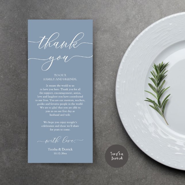 Modern Romance Dinner Place Setting Thank You Card (Wedding Dinner Place Setting Thank You Card, Plate Decoration, Modern Script, in Dusty Blue)