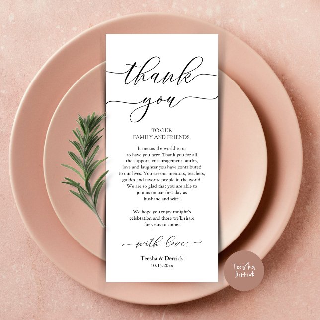 Modern Romance Dinner Place Setting Thank You Card (Wedding Dinner Place Setting Thank You Card, Plate Decoration, Modern Script, in Black and White)