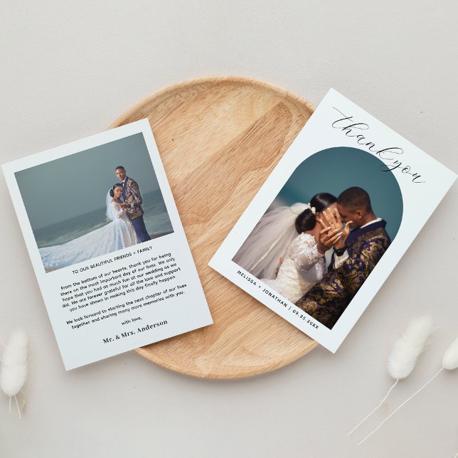 Modern Romantic Black Script 2 Photo Arch Wedding Thank You Card (Creator Uploaded)