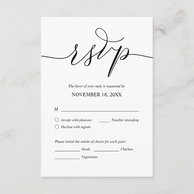Modern Romantic, Black Script, Wedding Dinner RSVP Enclosure Card (Front)