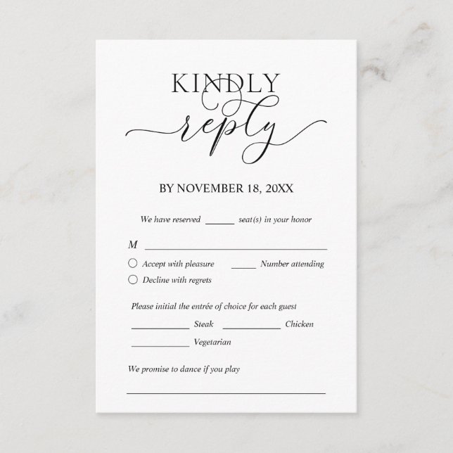 Modern Romantic, Black, Wedding Dinner RSVP Enclosure Card (Front)