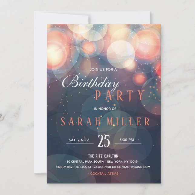 Modern Romantic Bokeh Lights Birthday Dinner Party Invitation (Front)