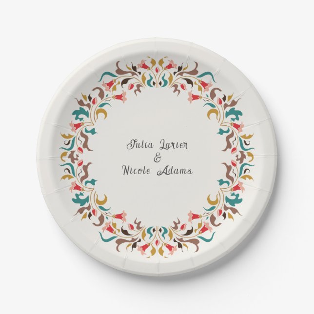 Modern Romantic Elegant Floral Wreath Wedding Paper Plate (Front)