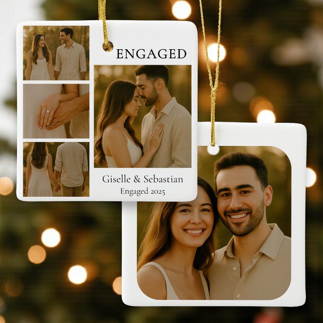Modern Romantic Engagement Photo Keepsake Ceramic Ornament (Creator Uploaded)