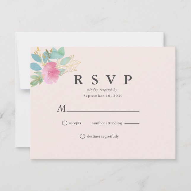 Modern Romantic Floral Blush Pink Gold Green Blue RSVP Card (Front)