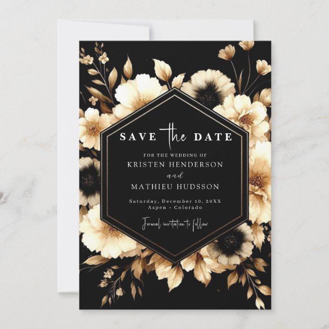 Modern Romantic Gold and Black Wedding Save The Date (Front)