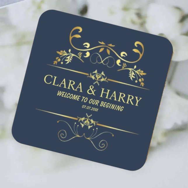 Modern romantic gold calligraphy wedding  square paper coaster (Creator Uploaded)