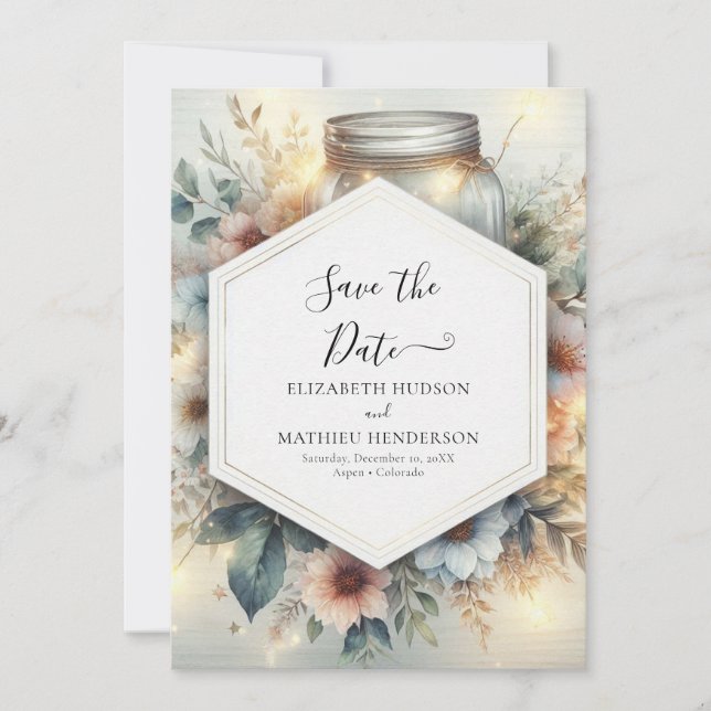 Modern Romantic Mason Jar Wedding Save The Date (Front)