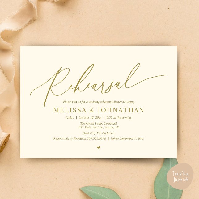 Modern Romantic Minimal Wedding Rehearsal Dinner  Invitation (Modern Romantic Intimate Wedding Rehearsal Dinner Invitation Card in Gold Yellow Cream)