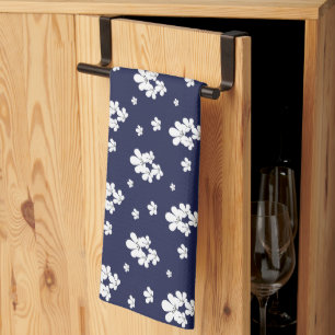 Modern romantic navy blue pattern white flowers tea towel