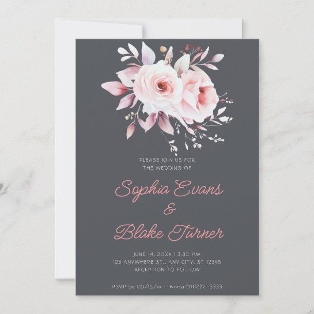 Modern Romantic Pink Roses Graphite Grey Wedding Invitation (Front)