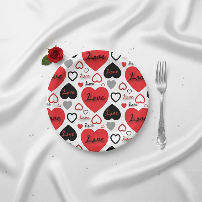 Modern Romantic Red and Black Love Heart Pattern Paper Plate (Creator Uploaded)