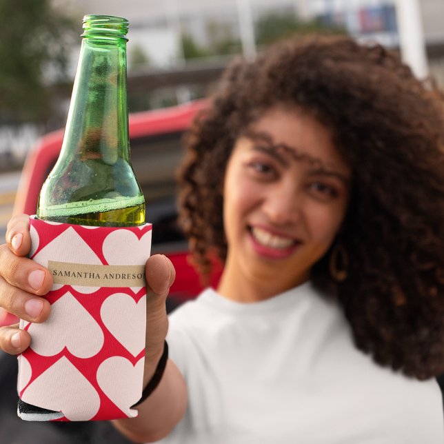 Modern  Romantic Red & Pink Hearts Pattern  Can Cooler (Creator Uploaded)