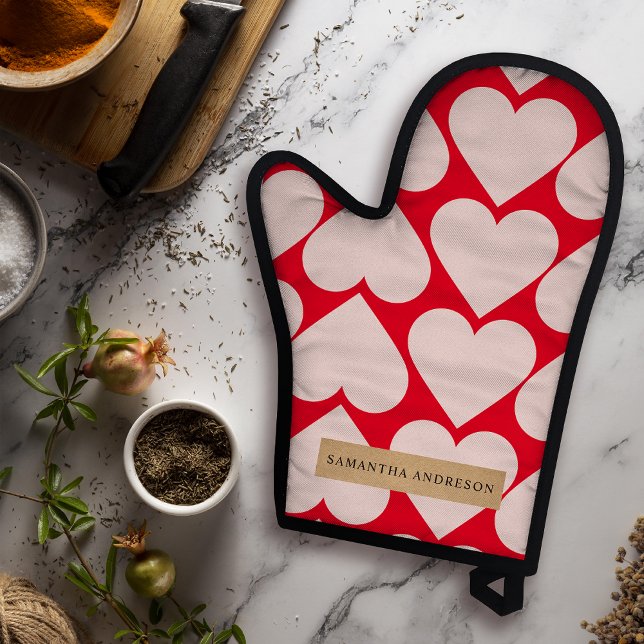 Modern  Romantic Red & Pink Hearts Pattern  Oven Mitt & Pot Holder Set (Creator Uploaded)