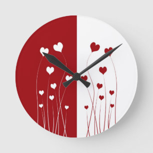 Modern Romantic Red White Love Hearts Round Clock