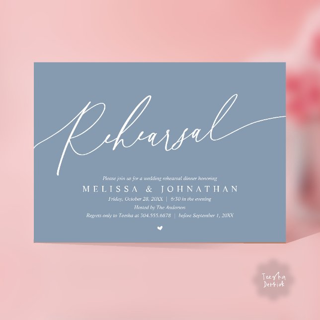 Modern Romantic Rehearsal Wedding Dinner Dancing Invitation (Modern Romantic Rehearsal Wedding Dinner Dancing Invitation Card in Dusty Blue)