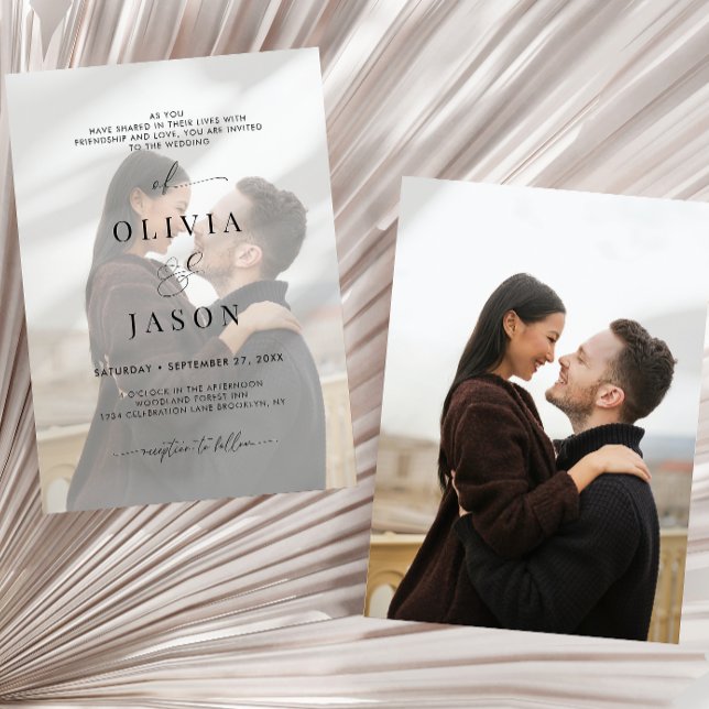 Modern Romantic Script Black White 2 Photo Wedding Invitation (Creator Uploaded)