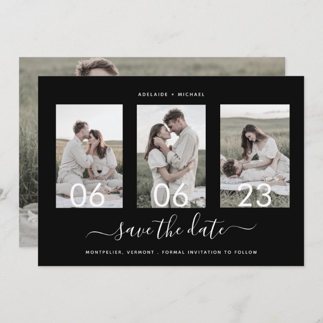 Modern Romantic Script Photo Collage Save The Date (Front/Back)