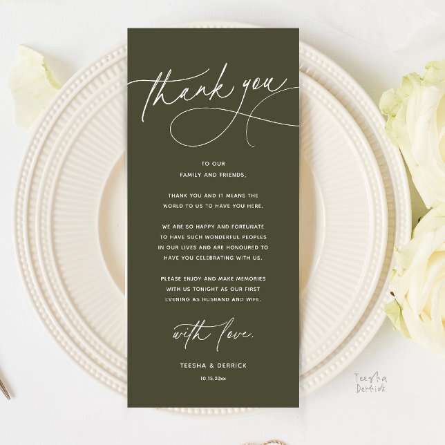 Modern Romantic Wedding Dinner Thank You Card (Modern Romantic Wedding Reception Dinner Thank You Card in Olive Green)